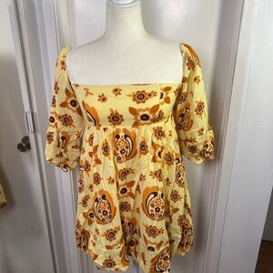 Urban Outfitters Yellow Groovy Floral Square-Neck Peasant Babydoll Dress
